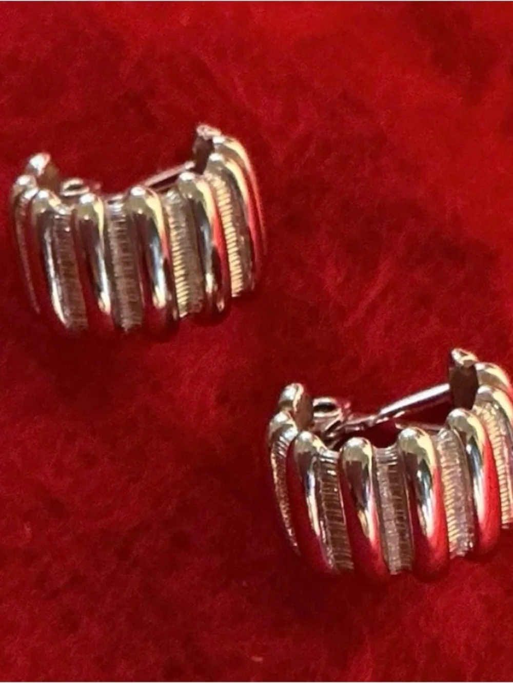 Vintage MONET Silver Tone Ribbed Pierced Post Omega Clip Earrings Pat Pend